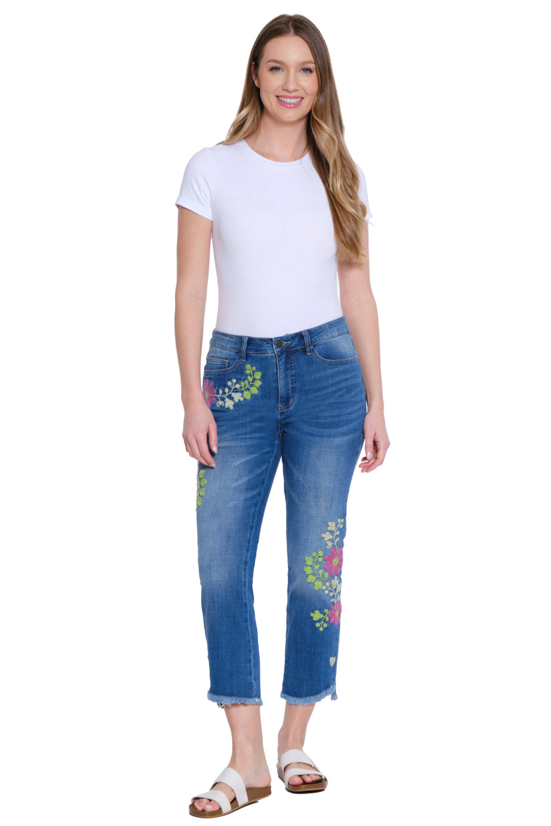 Embroidered Crop Jean - Medium Indigo