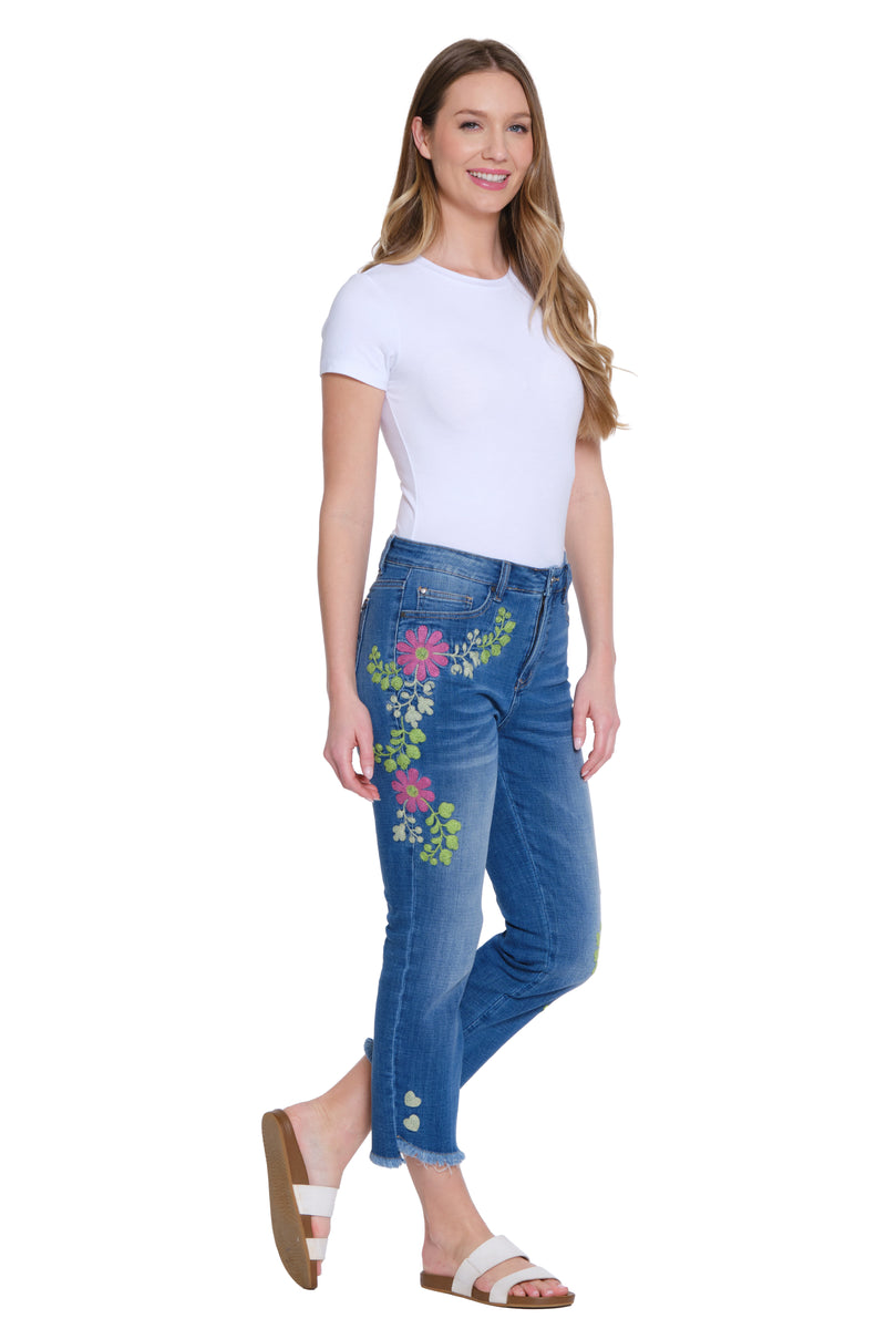 Embroidered Crop Jean - Medium Indigo