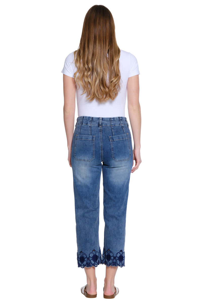 Embroidered Hem Crop Jean - Medium Indigo