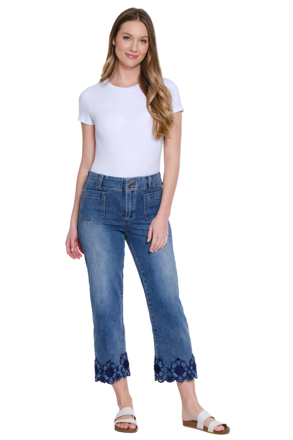 Embroidered Hem Crop Jean - Medium Indigo