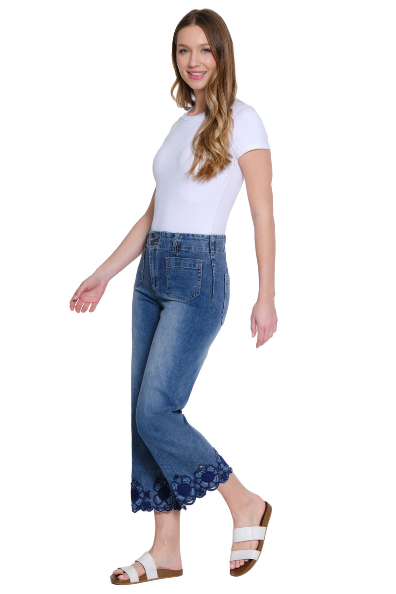 Embroidered Hem Crop Jean - Medium Indigo