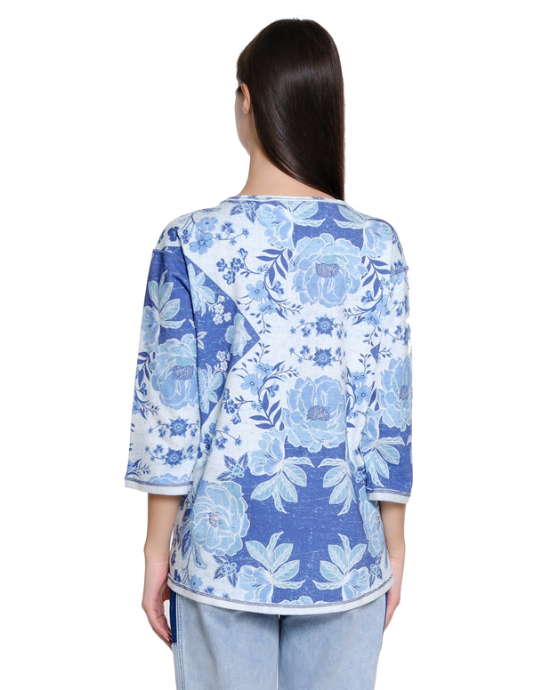 Floral Print Notch Neck Top - Blue