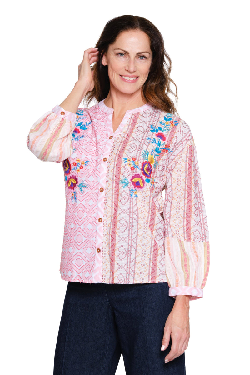 Mixed Fabric Embroidered Top - Multi