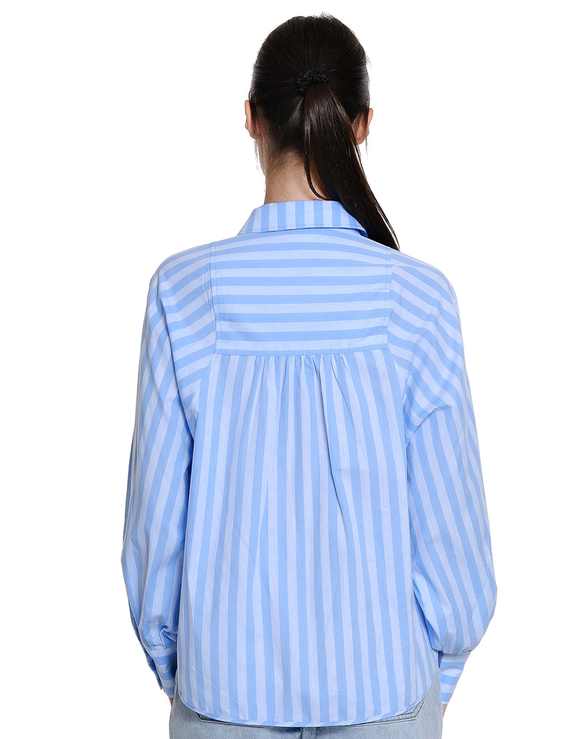 Striped Balloon Sleeve Top - Blue