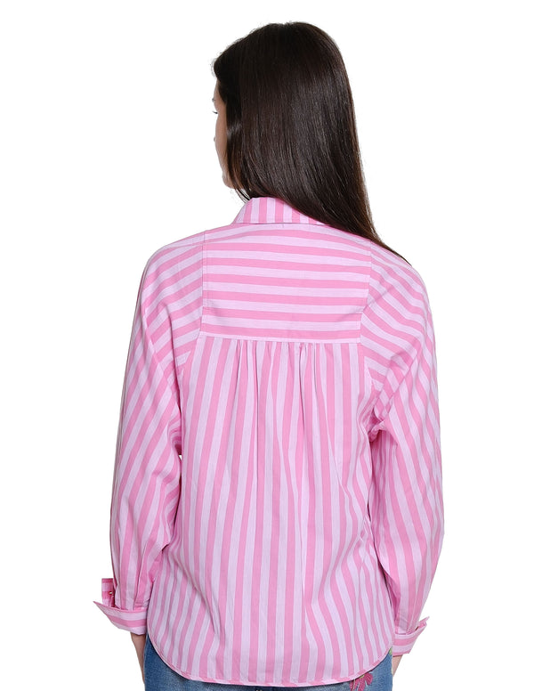 Striped Balloon Sleeve Top - Pink