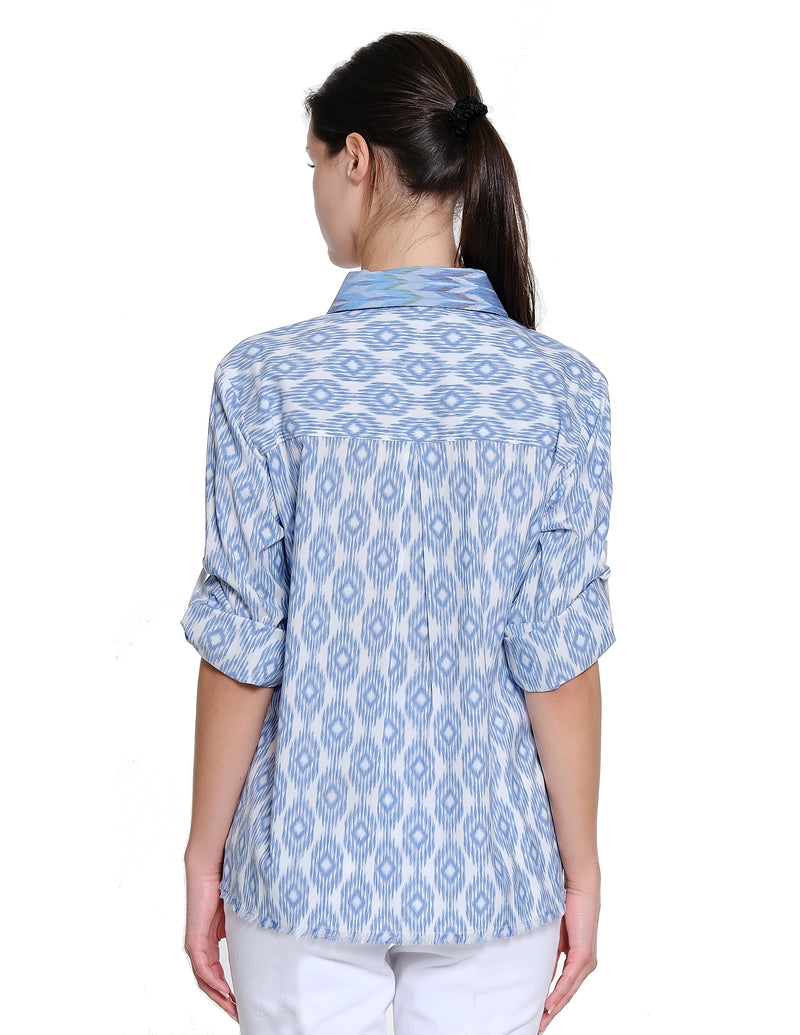 Tape Trim Print Shirt - Blue