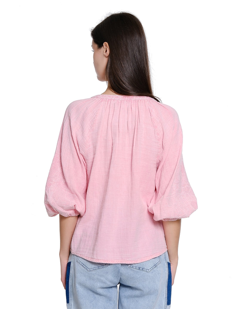 Embroidered Sleeve Popover Top - Light Pink