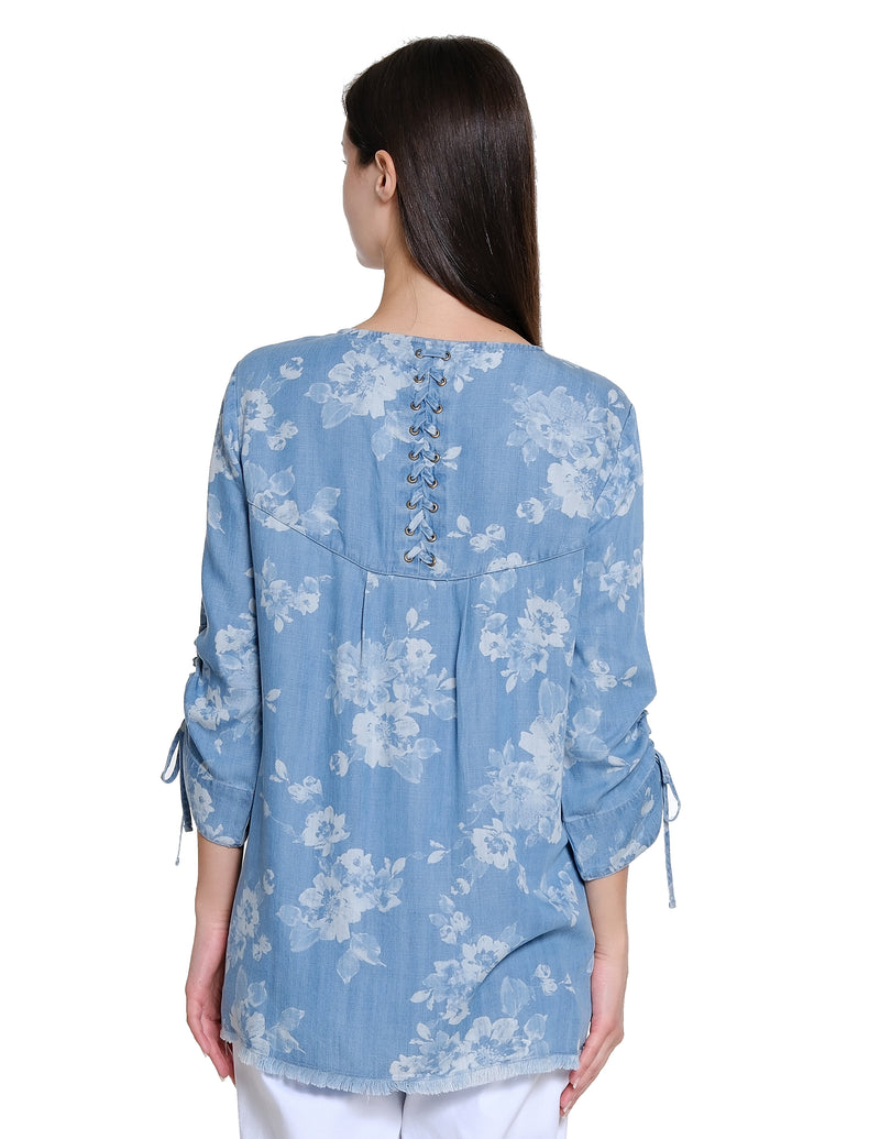 Lace Back Chambray Top - Floral Multi