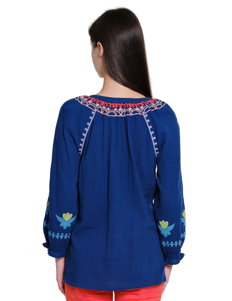 Embroidered Raglan Sleeve Top - Navy