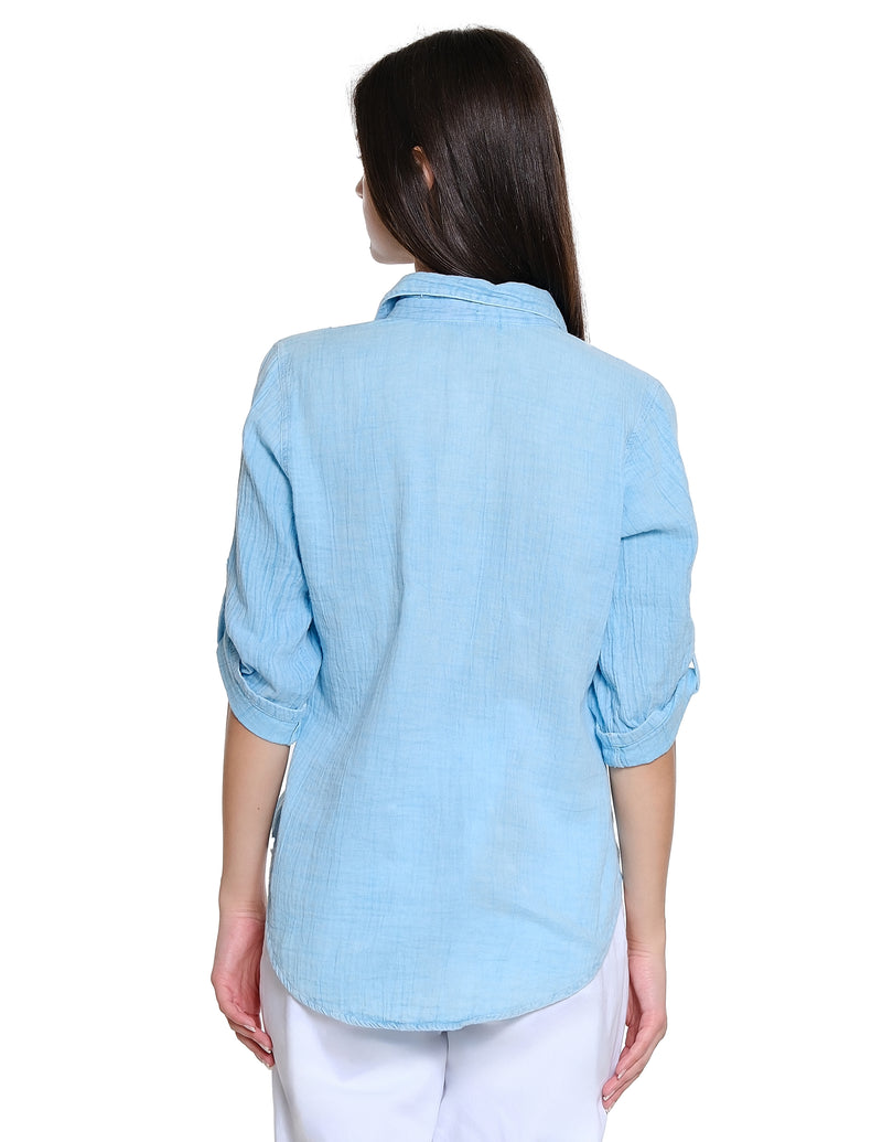 Pintucked Button Front Shirt - Aqua