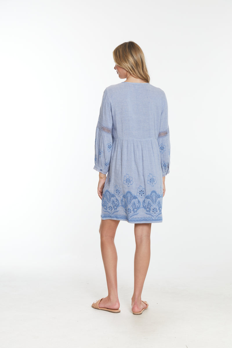 Embroidered Easy Fit Dress - Heather Blue