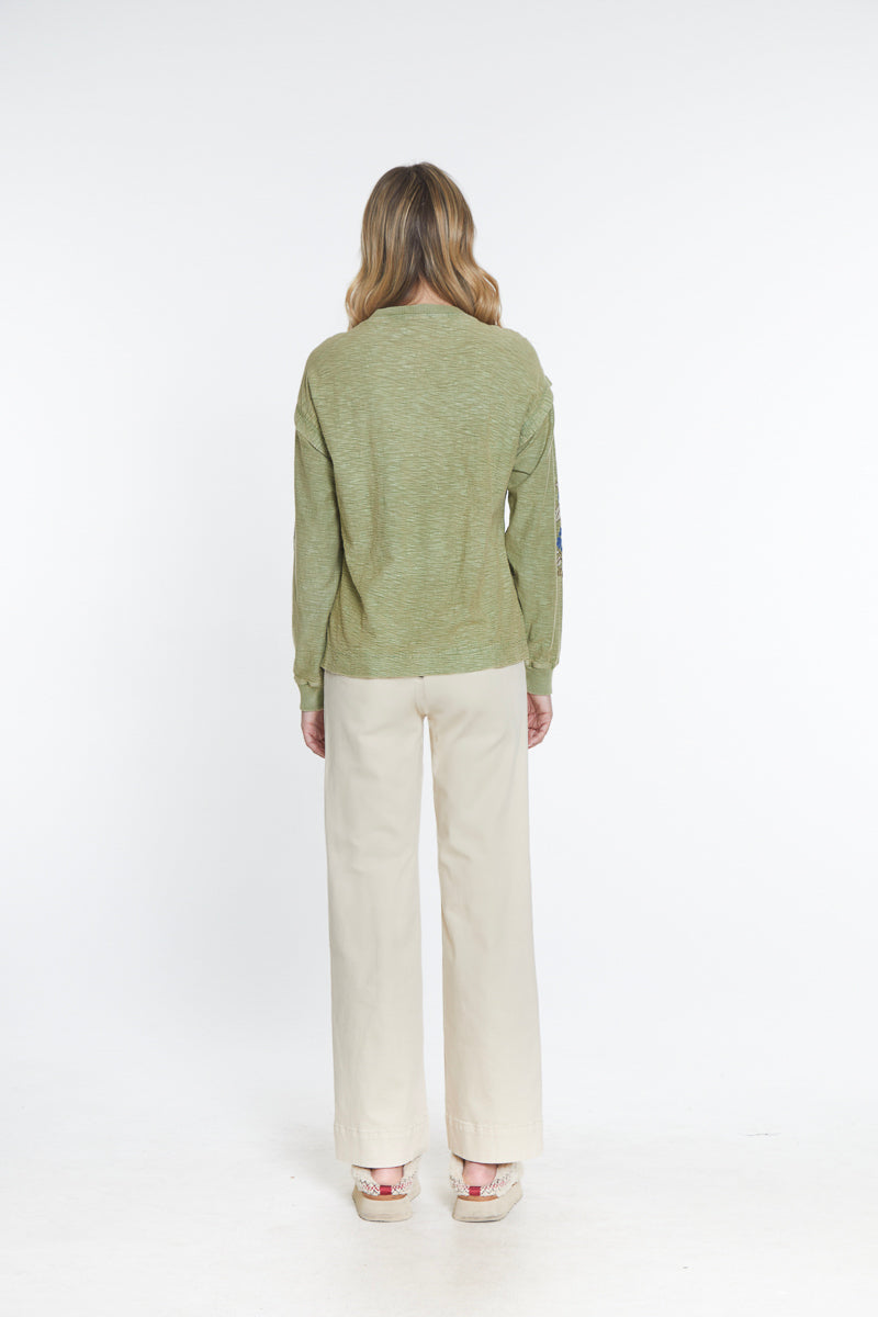 Embroidered Slub Knit Top - Green