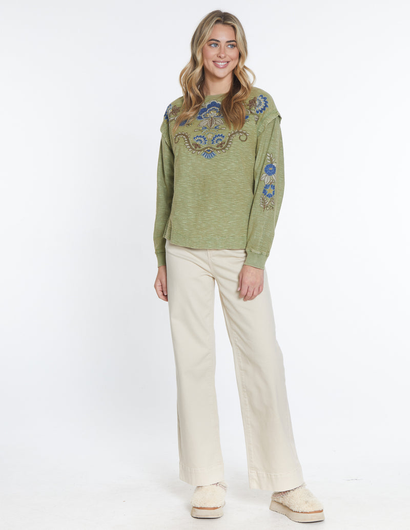 Embroidered Slub Knit Top - Green