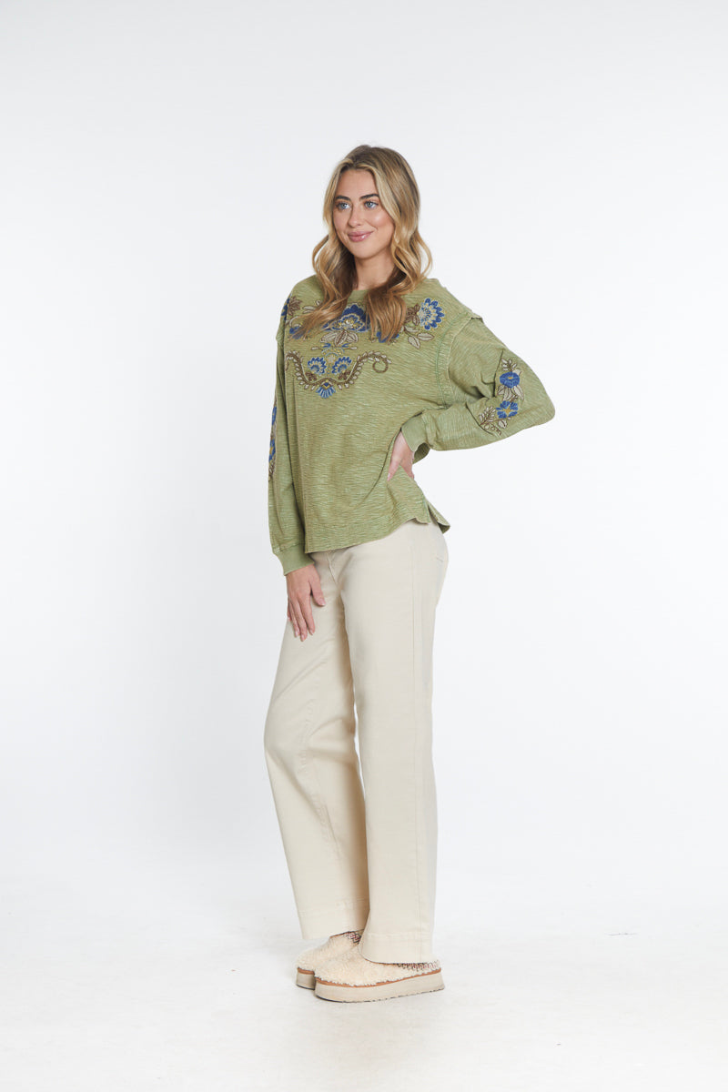 Embroidered Slub Knit Top - Green