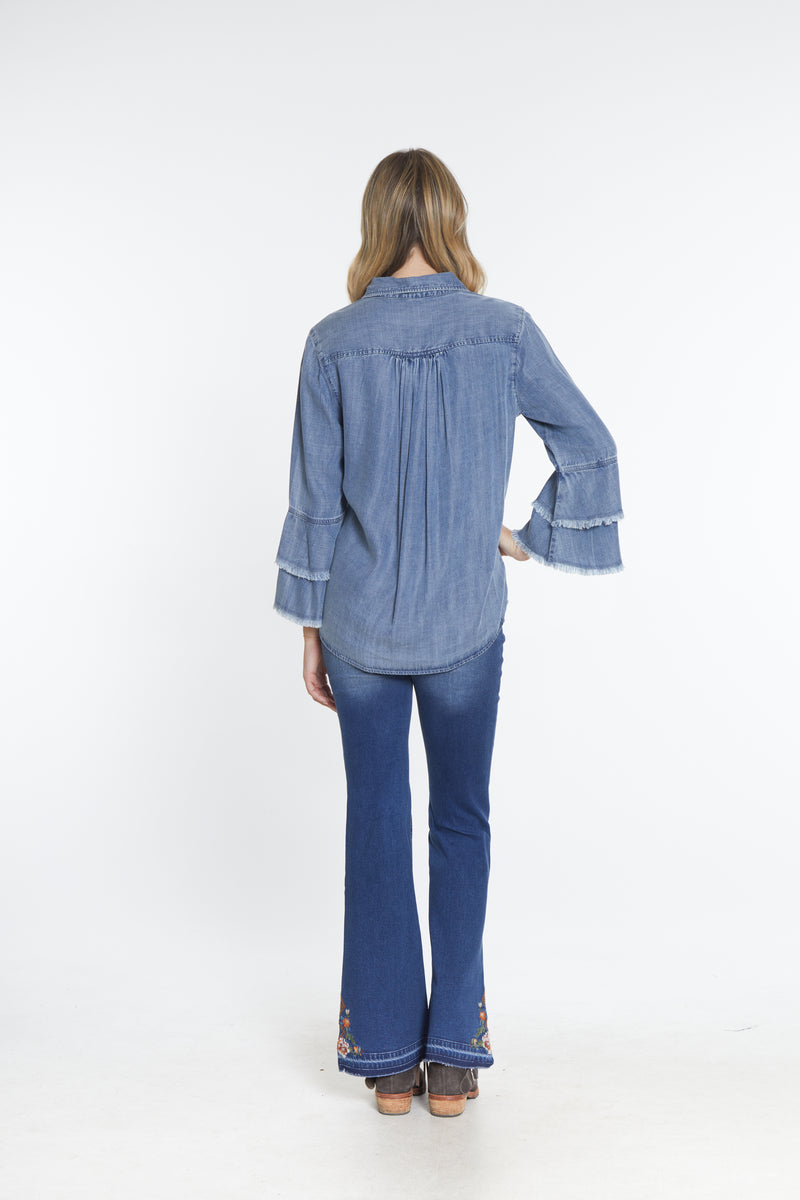 Chambray Shirt with Flounce Sleeves - Medium Indigo