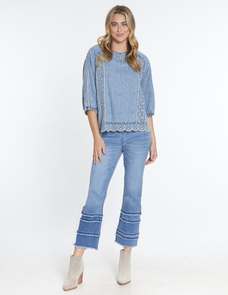 Tiered Leg Crop Jean - Medium Indigo