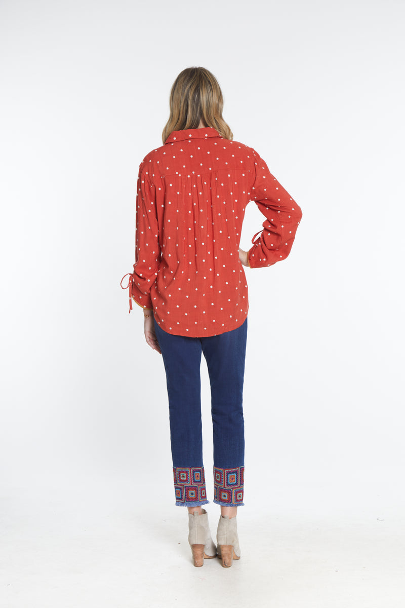 Embroidered Dot Print Shirt - Rust