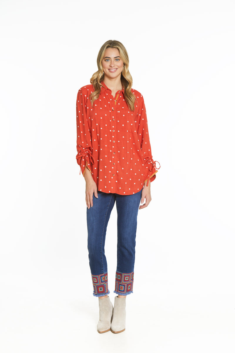 Embroidered Dot Print Shirt - Rust