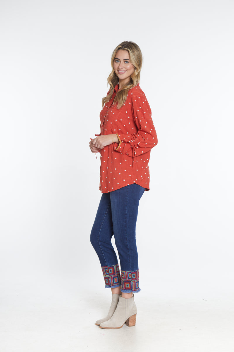 Embroidered Dot Print Shirt - Rust