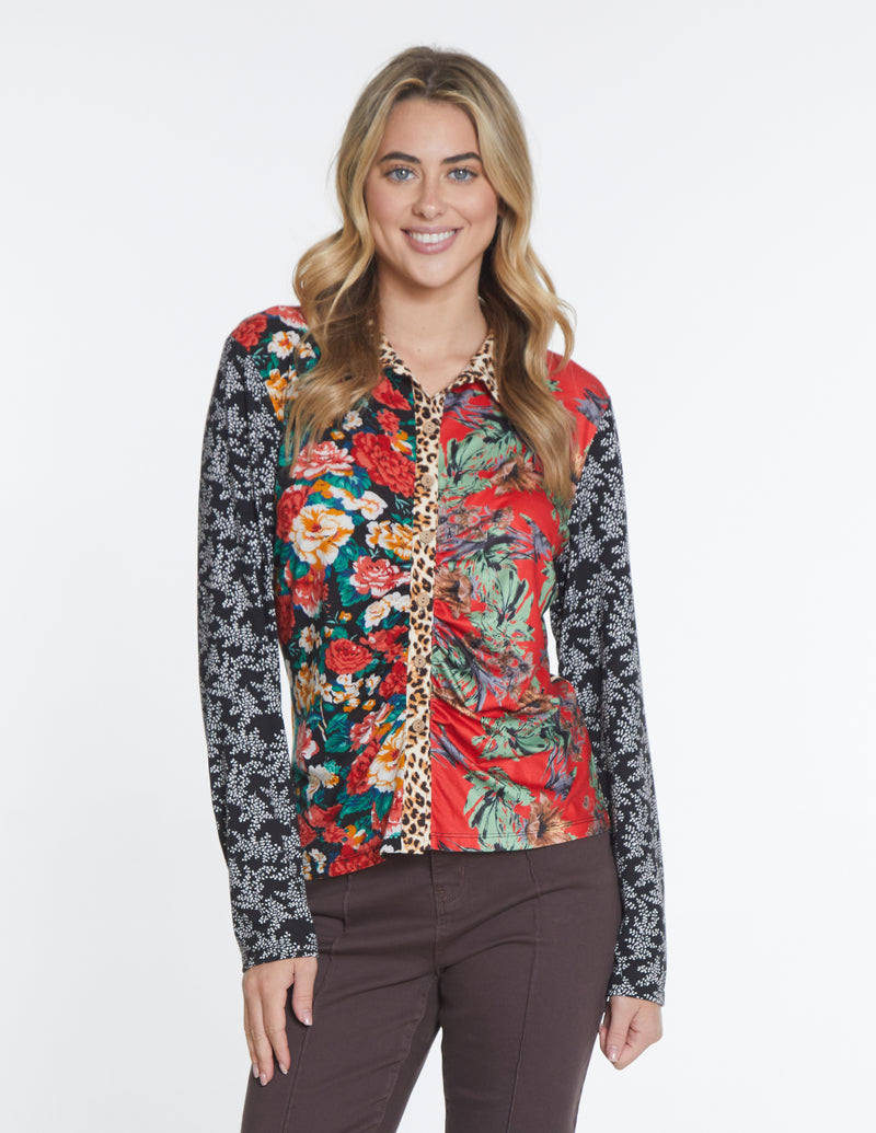 Ruched Front Mixed Print Shirt - Multi