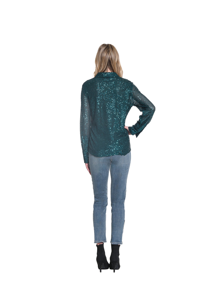 SEQUIN BUTTON-UP SHIRT - Dark Green