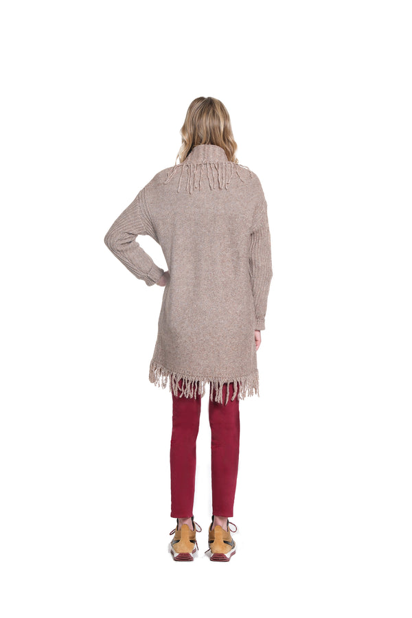 Cardigan with Fringe Trim - Camel