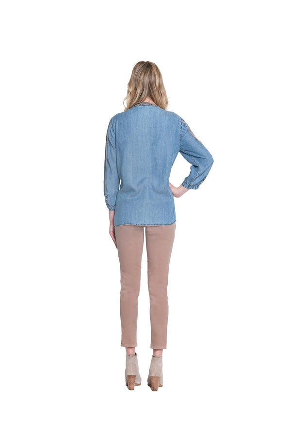 Embroidered Henley - Chambray