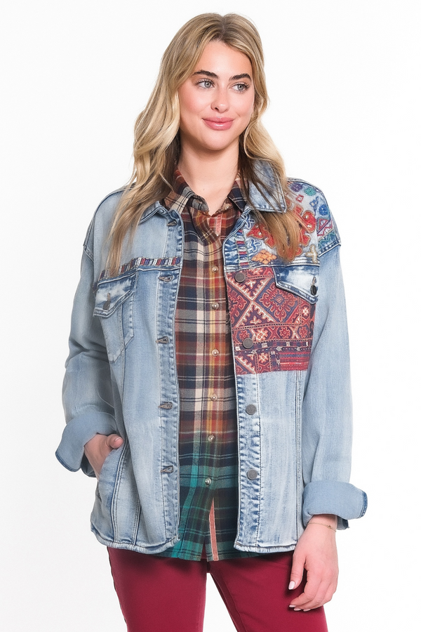 Embroidered Patch Shirt Jacket - Indigo