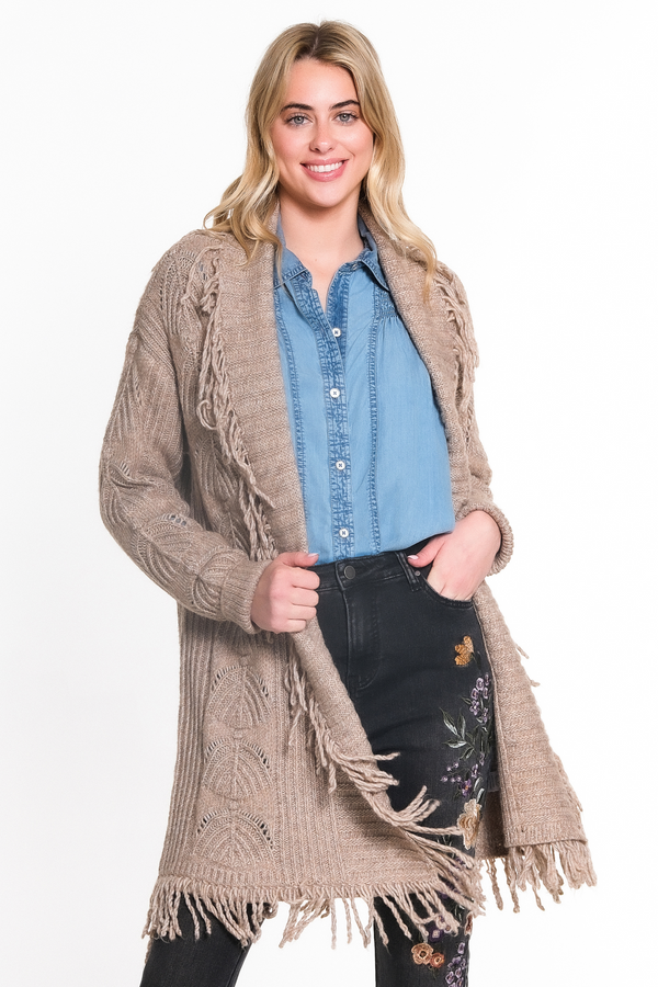 Cardigan with Fringe Trim - Camel