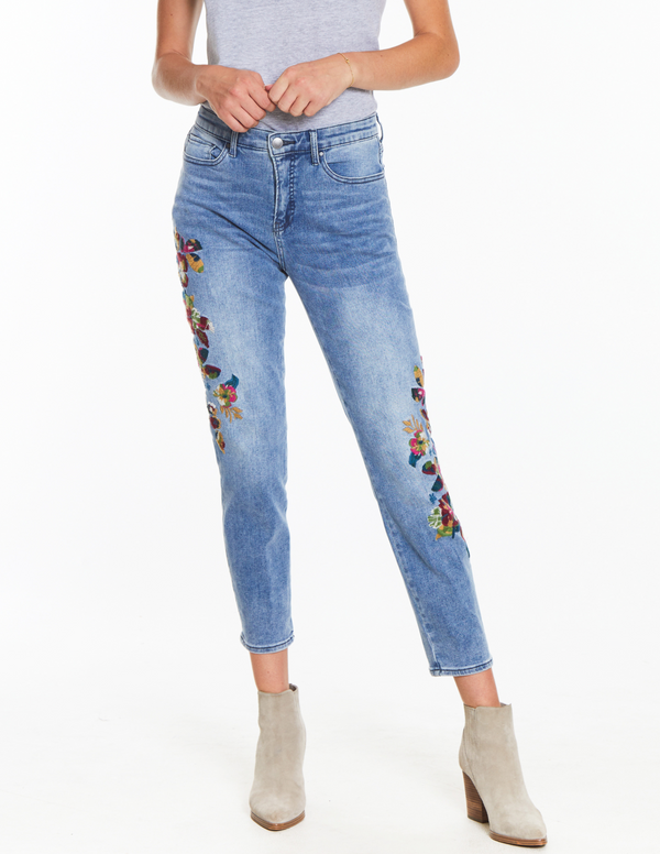 Floral embellished light indigo jeans