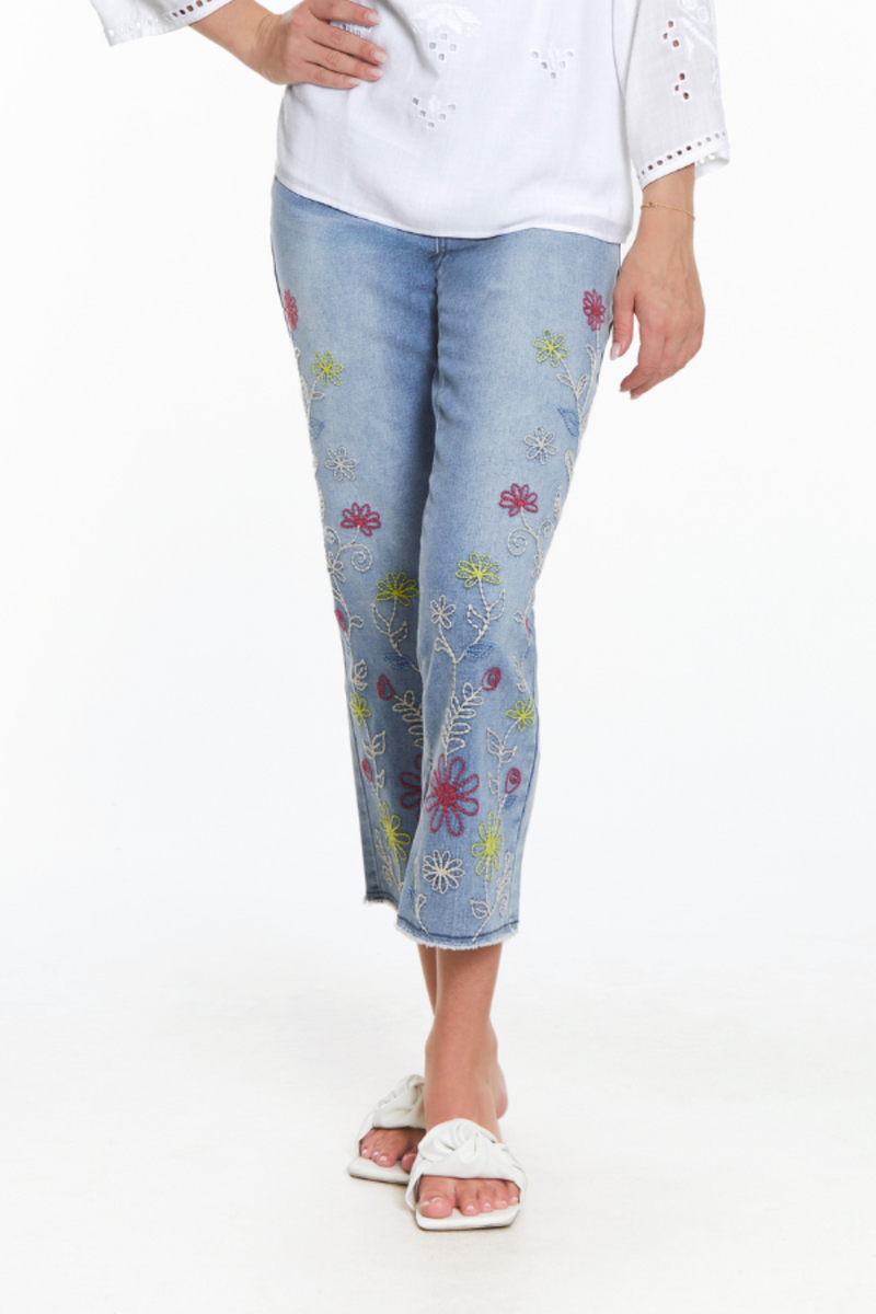 Embroidered Ankle Jean- Medium Indigo