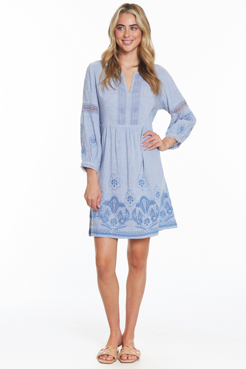 Embroidered Easy Fit Dress - Heather Blue