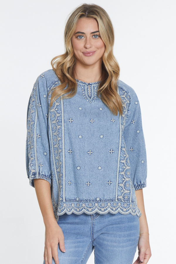 Embroidered Chambray Top - Chambray