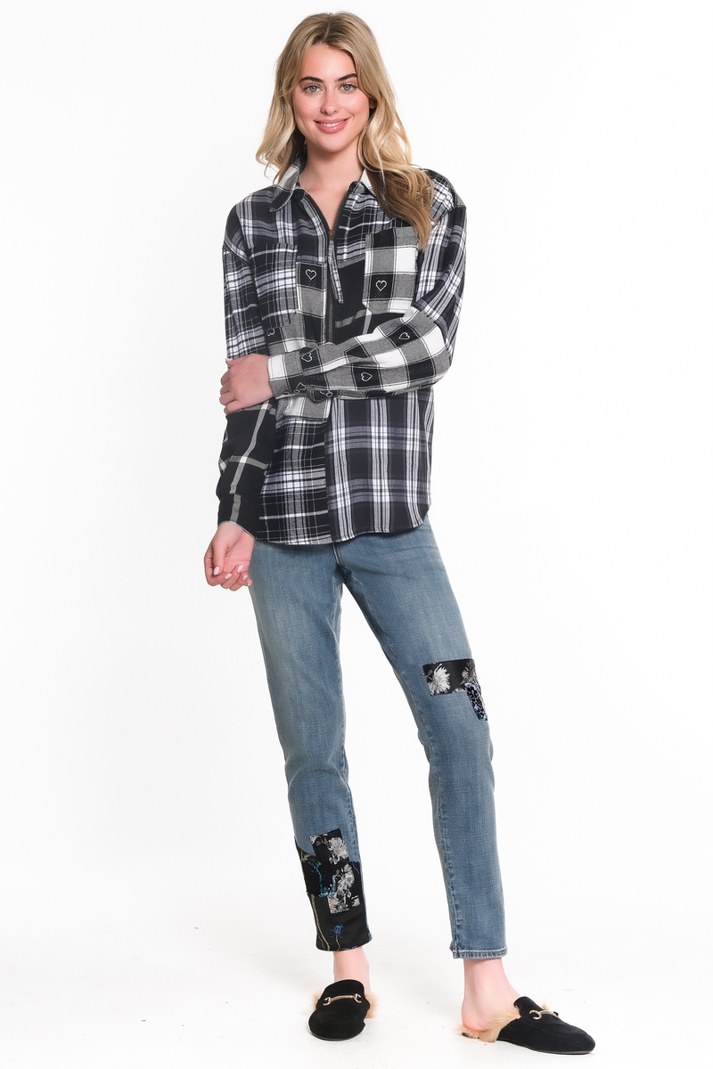 HALF-ZIP FRONT MIXED PLAID SHIRT - Black