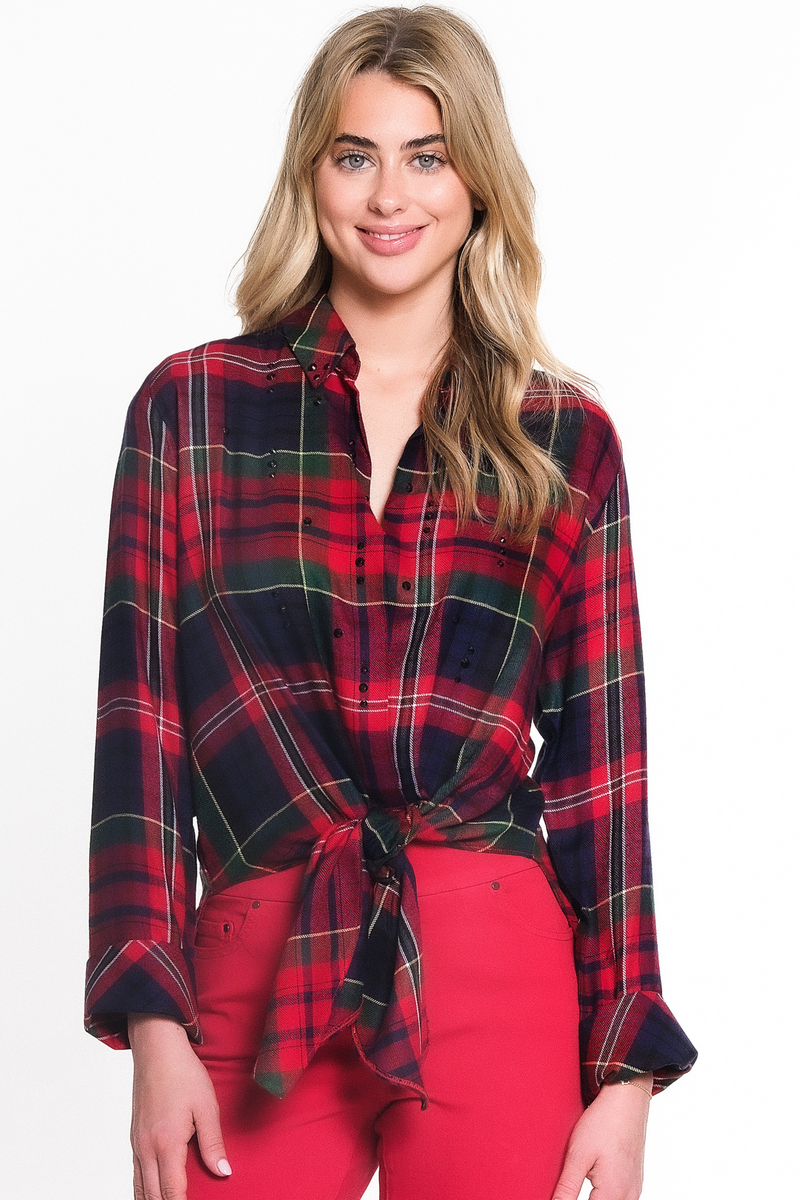 PLAID TIE FRONT SHIRT - Multi