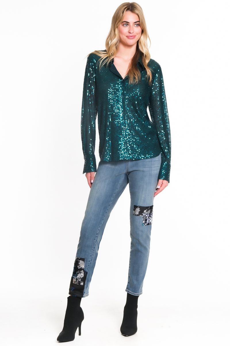 SEQUIN BUTTON-UP SHIRT - Dark Green