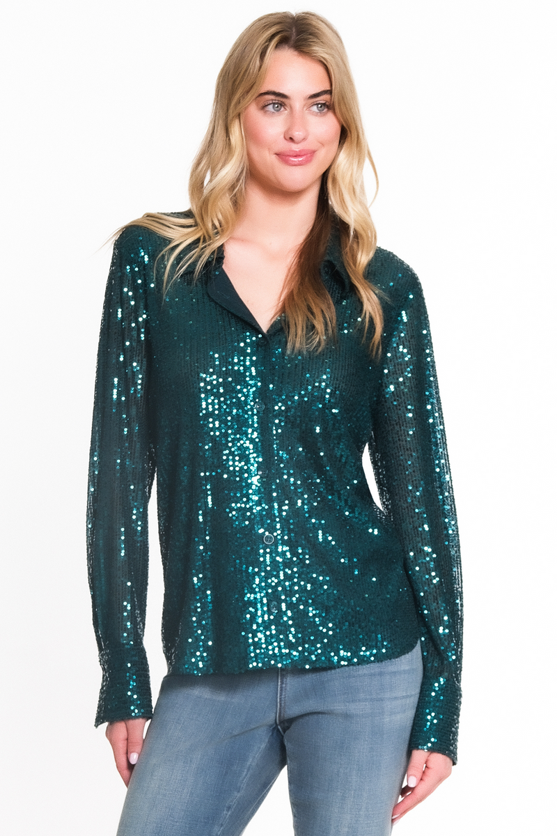 SEQUIN BUTTON-UP SHIRT - Dark Green