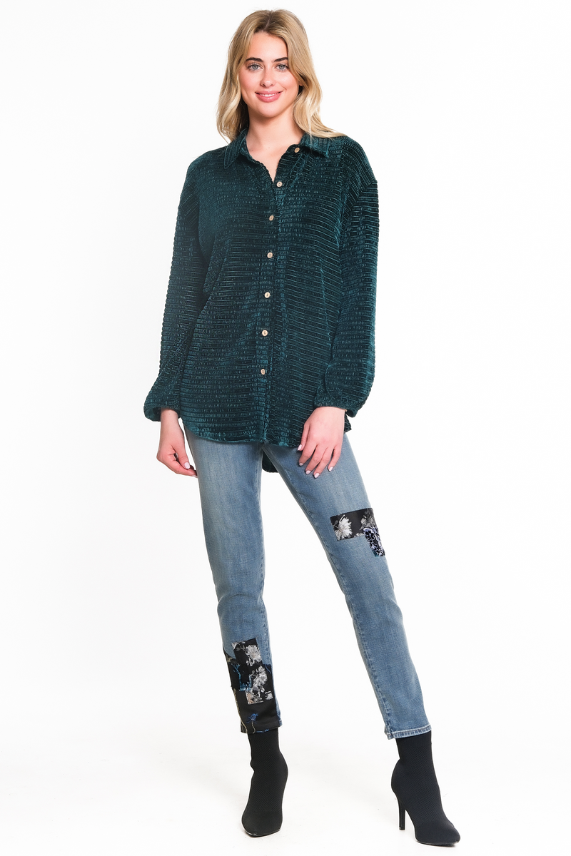 CRINKLE VELVET BUTTON UP SHIRT - Dark Green