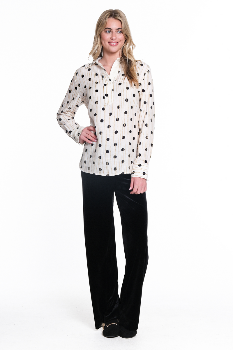 PRINTED POPOVER TOP WITH SATIN TRIM - Ivory