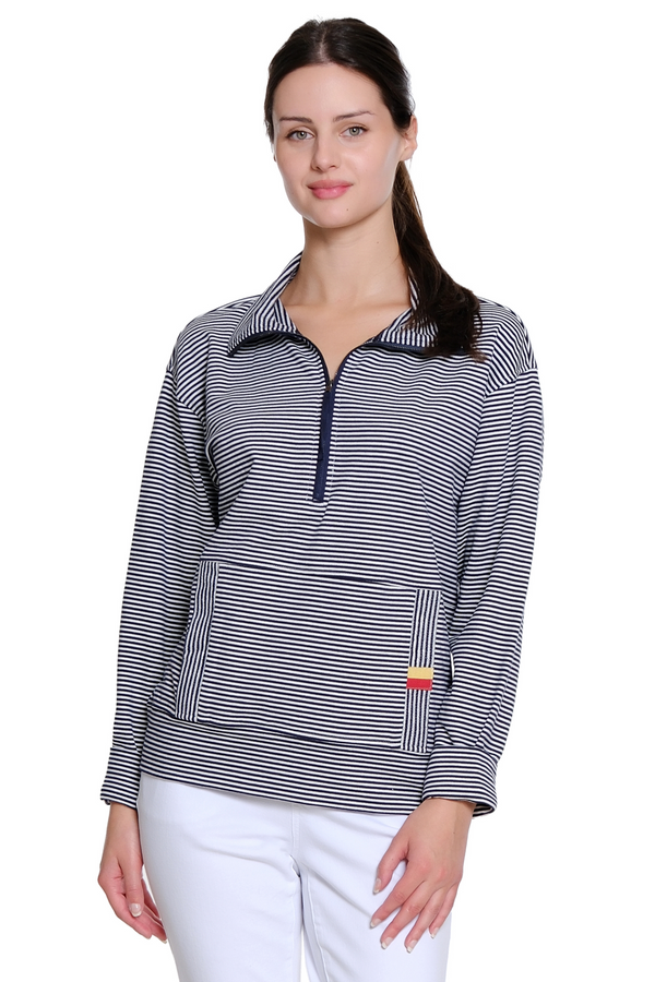 Zip Front Striped Top - Navy