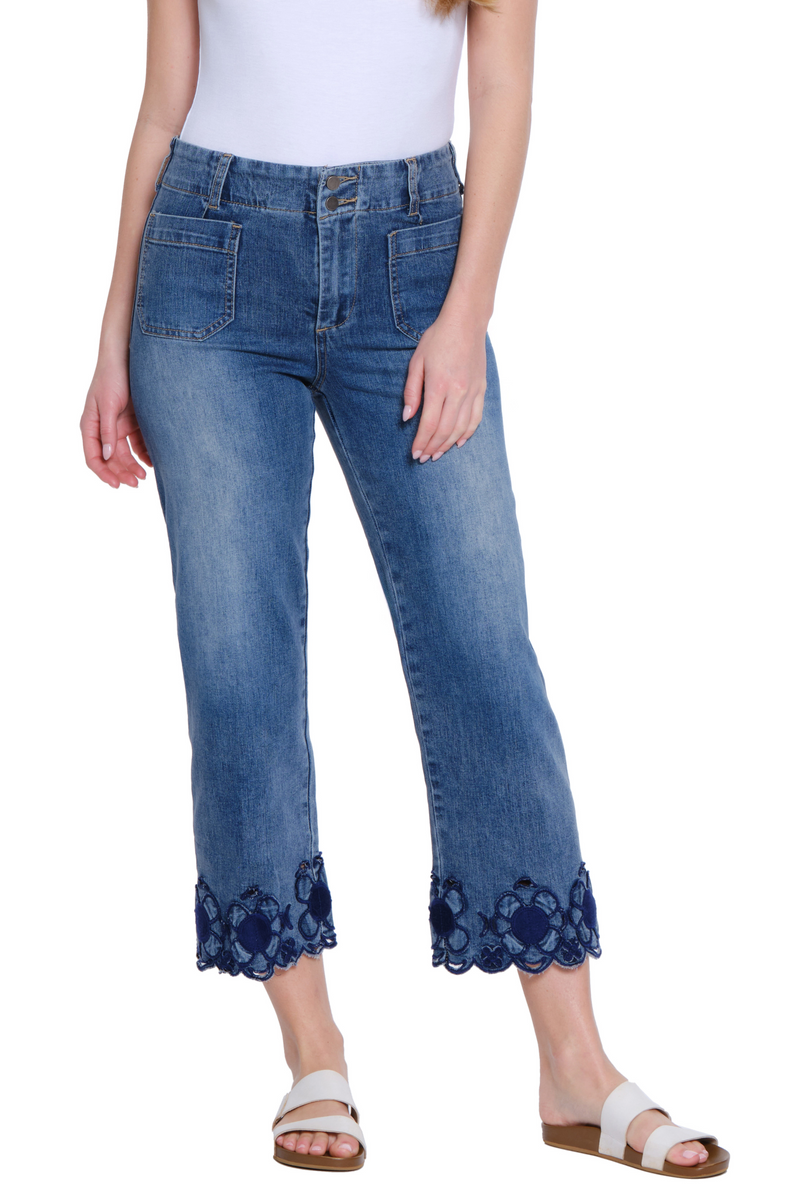 Embroidered Hem Crop Jean - Medium Indigo