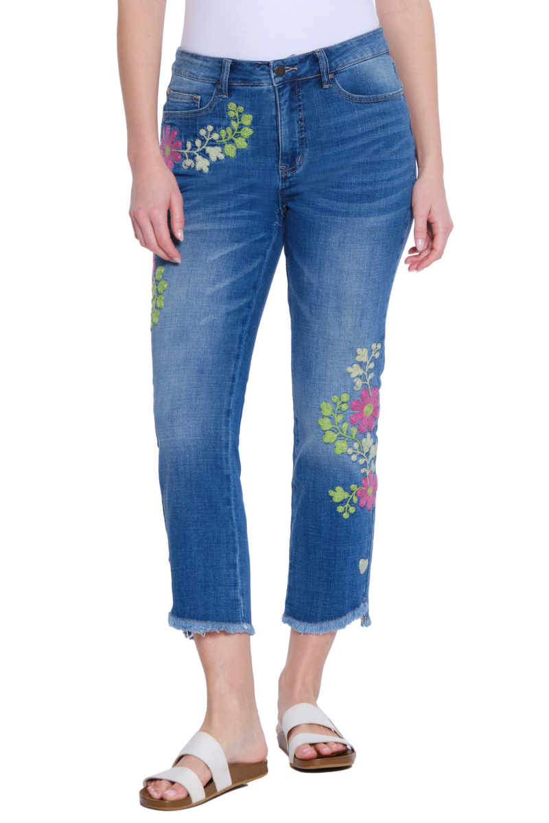 Embroidered Crop Jean - Medium Indigo