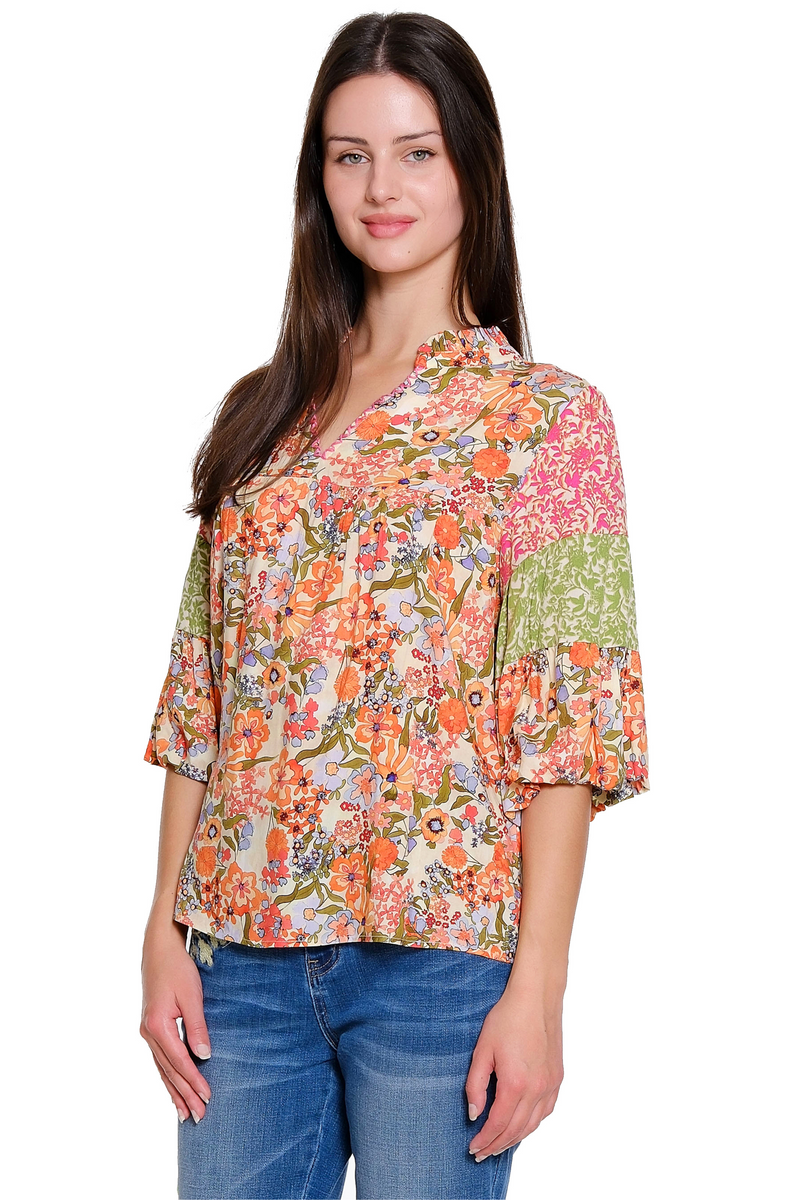 Mixed Print Tiered Sleeve Top - Multi