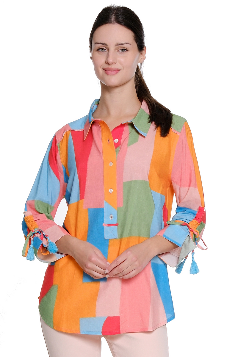 Print Ruched Sleeve Top - Multi