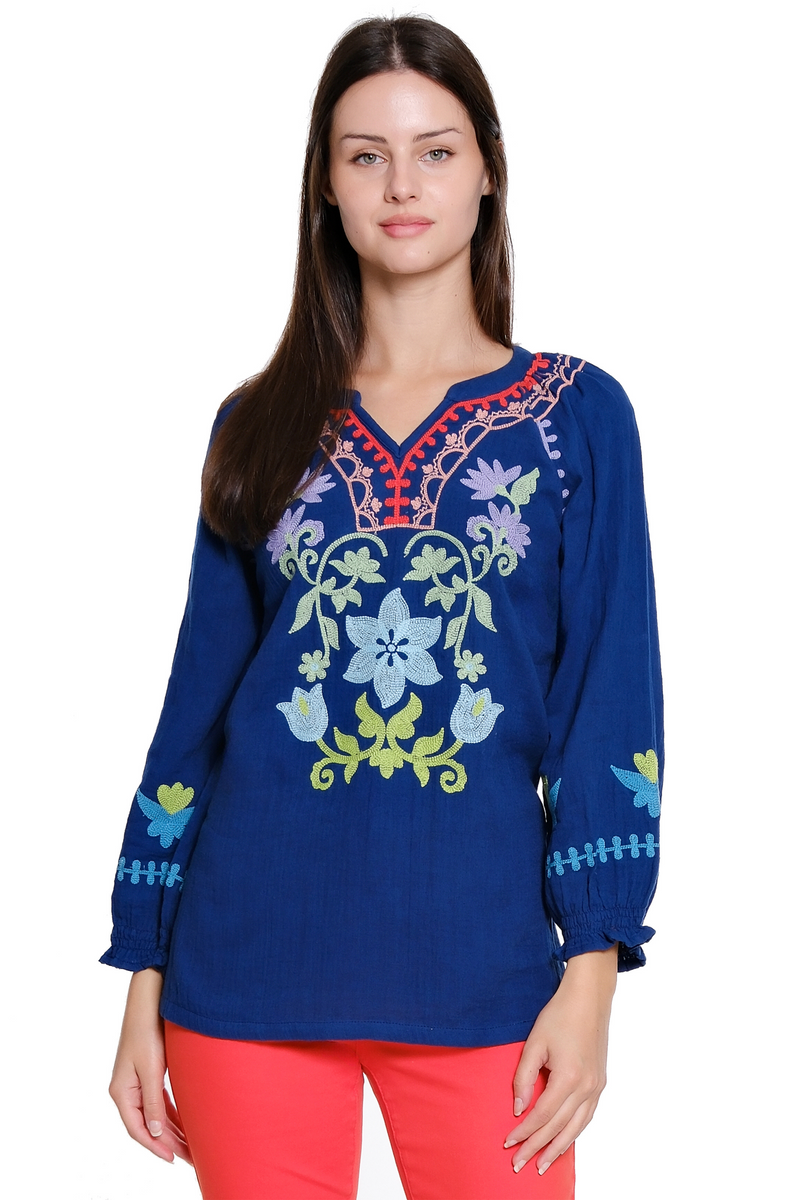 Embroidered Raglan Sleeve Top - Navy