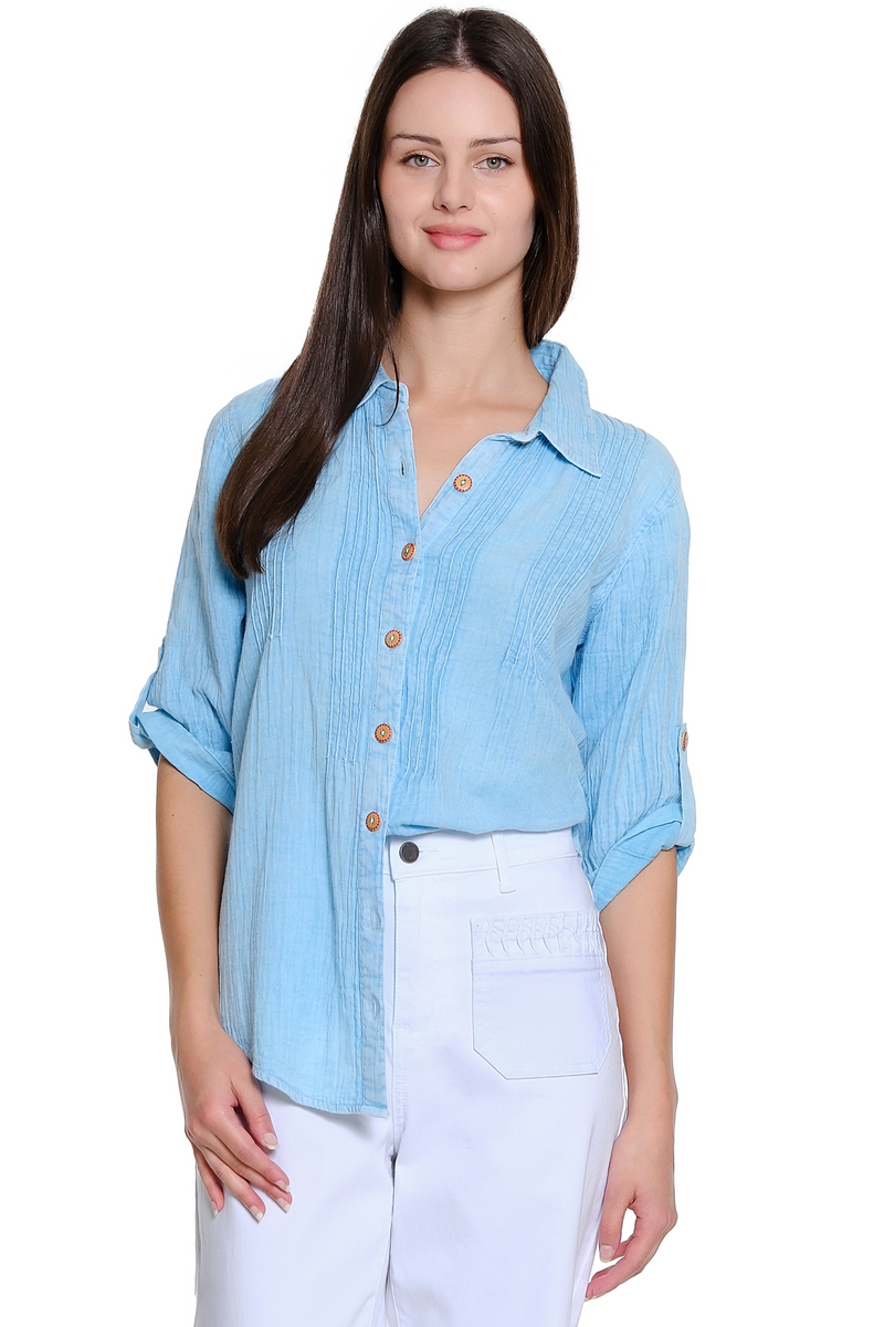 Pintucked Button Front Shirt - Aqua