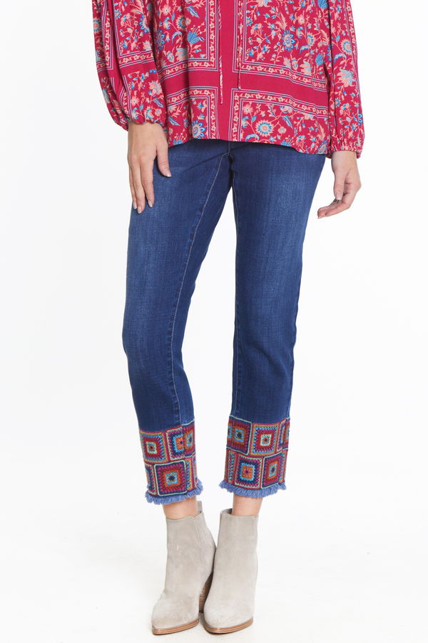 Ankle Jean with Embroidered Hem - Dark Indigo