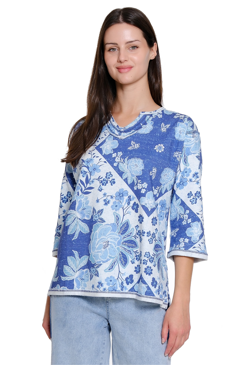 Floral Print Notch Neck Top - Blue