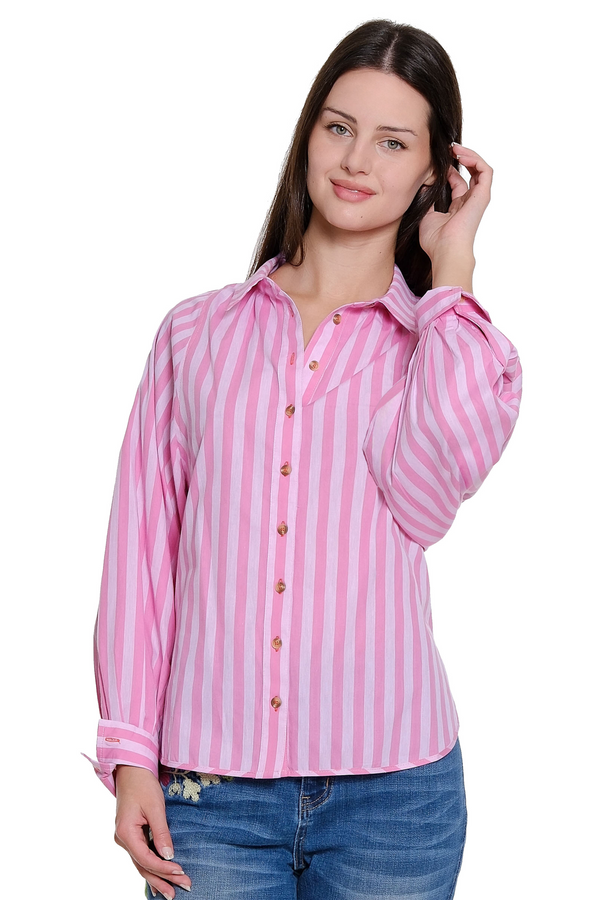 Striped Balloon Sleeve Top - Pink