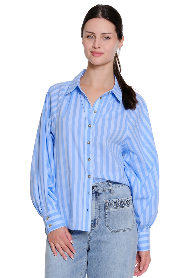 Striped Balloon Sleeve Top - Blue